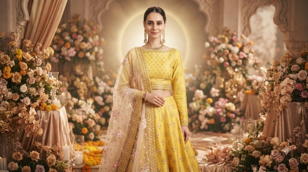 Haldi Rasam Lehenga Set With Zardosi Sequins Choli And Dupatta