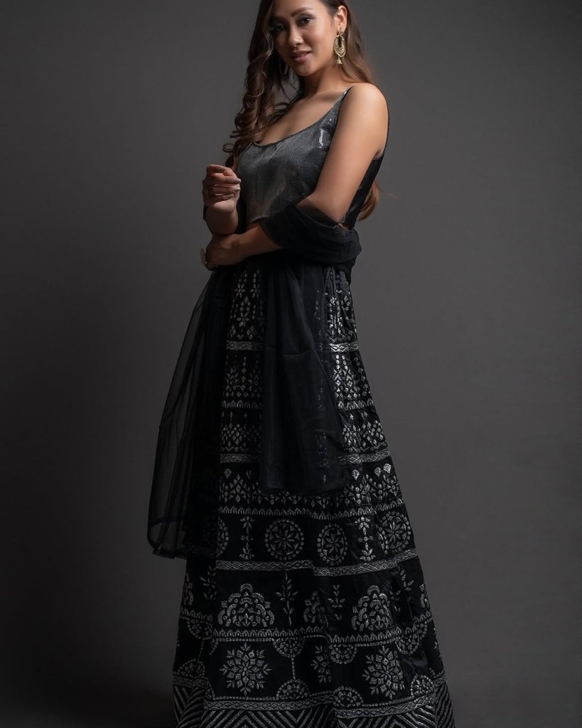 Women Black & Grey Embroidered Semi-Stitched Lehenga & Unstitched Blouse With Dupatta