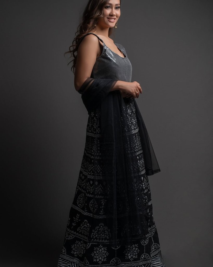 Women Black & Grey Embroidered Semi-Stitched Lehenga & Unstitched Blouse With Dupatta