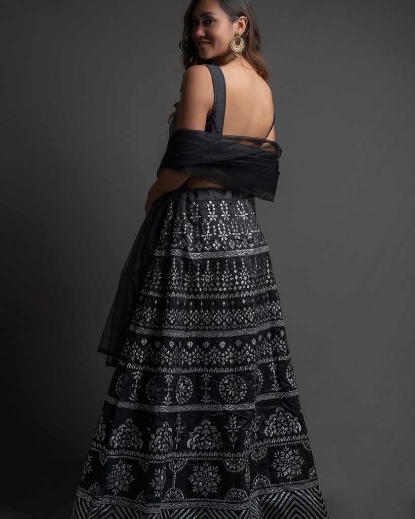 Women Black & Grey Embroidered Semi-Stitched Lehenga & Unstitched Blouse With Dupatta