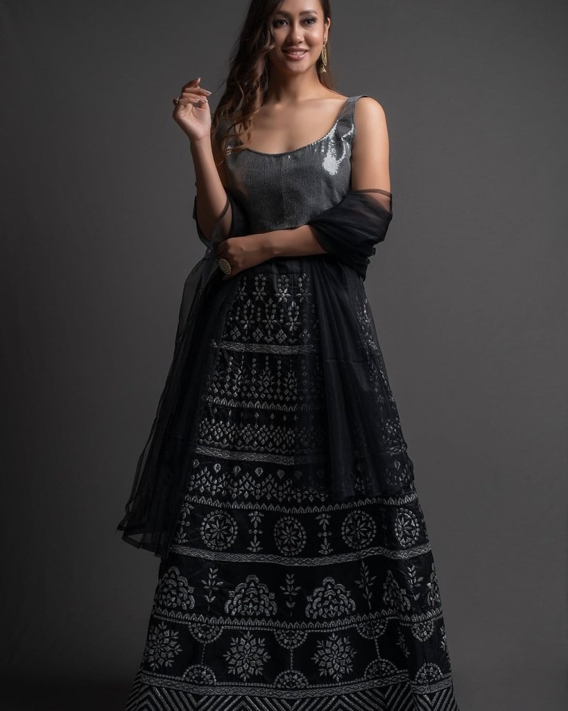 Women Black & Grey Embroidered Semi-Stitched Lehenga & Unstitched Blouse With Dupatta