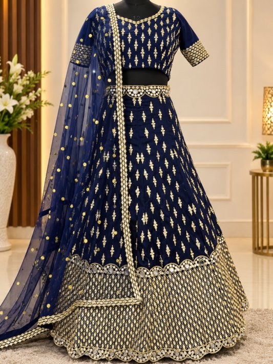 Navy Blue & Gold-Toned Embroidered Semi-Stitched Lehenga & Unstitched Blouse With Dupatta – view 10