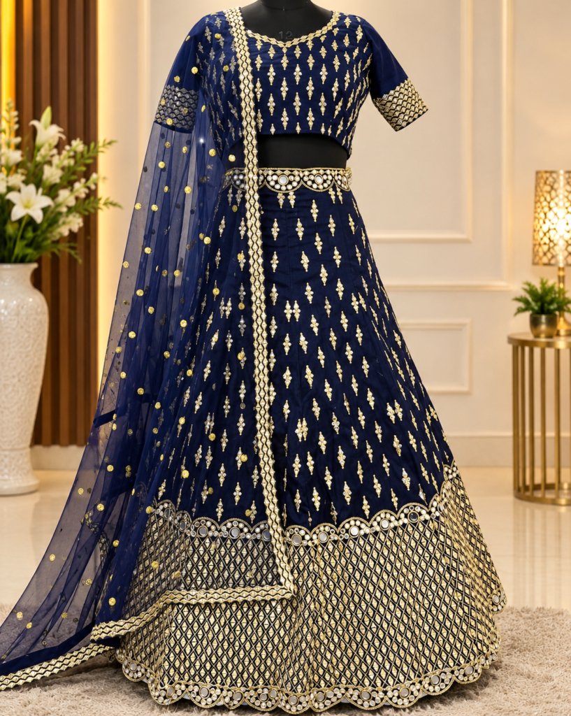 Navy Blue & Gold-Toned Embroidered Semi-Stitched Lehenga & Unstitched Blouse With Dupatta