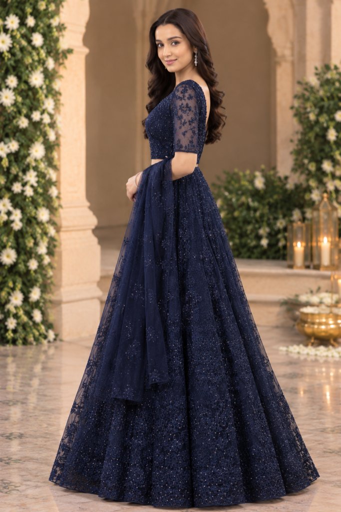 Premium Navy Blue Embroidered Party Wear Gown – Shraddha Kapoor Style | Elegant Wedding & Reception Look
