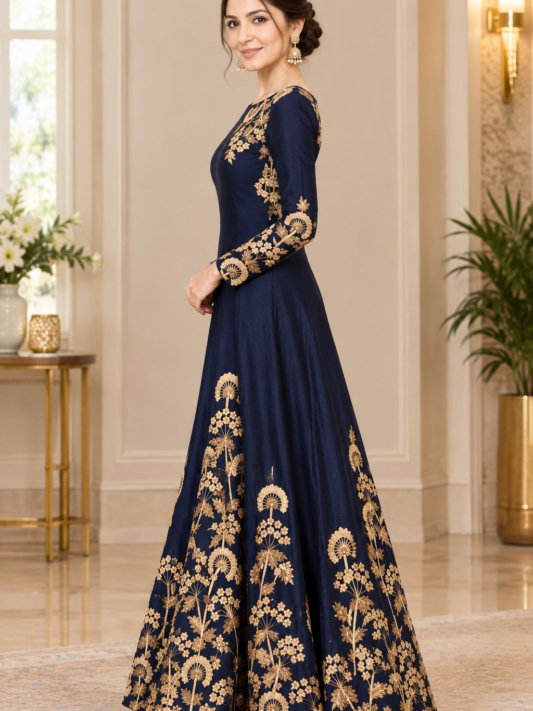 Navy Blue Art Silk Anarkali Suit