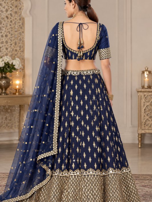 Navy Blue & Gold-Toned Embroidered Semi-Stitched Lehenga & Unstitched Blouse With Dupatta – view 9