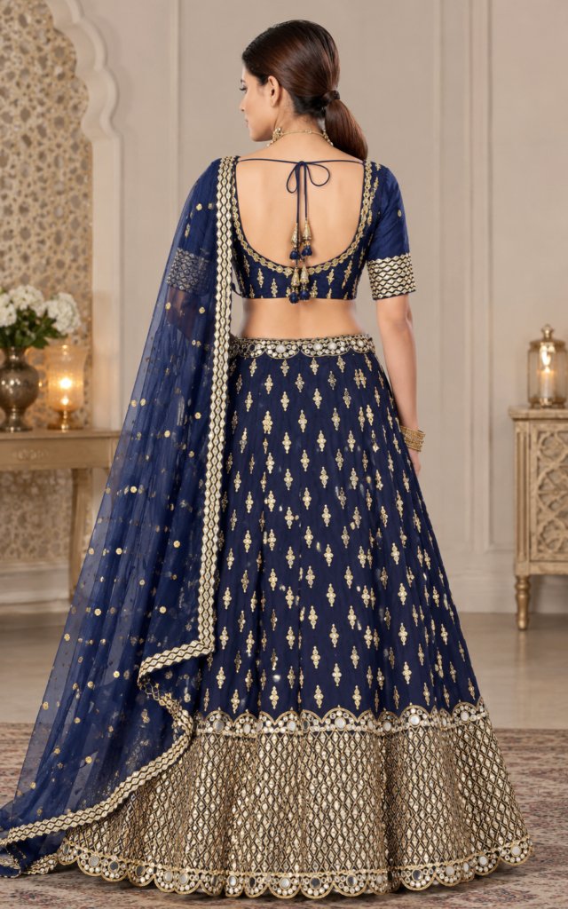 Navy Blue & Gold-Toned Embroidered Semi-Stitched Lehenga & Unstitched Blouse With Dupatta