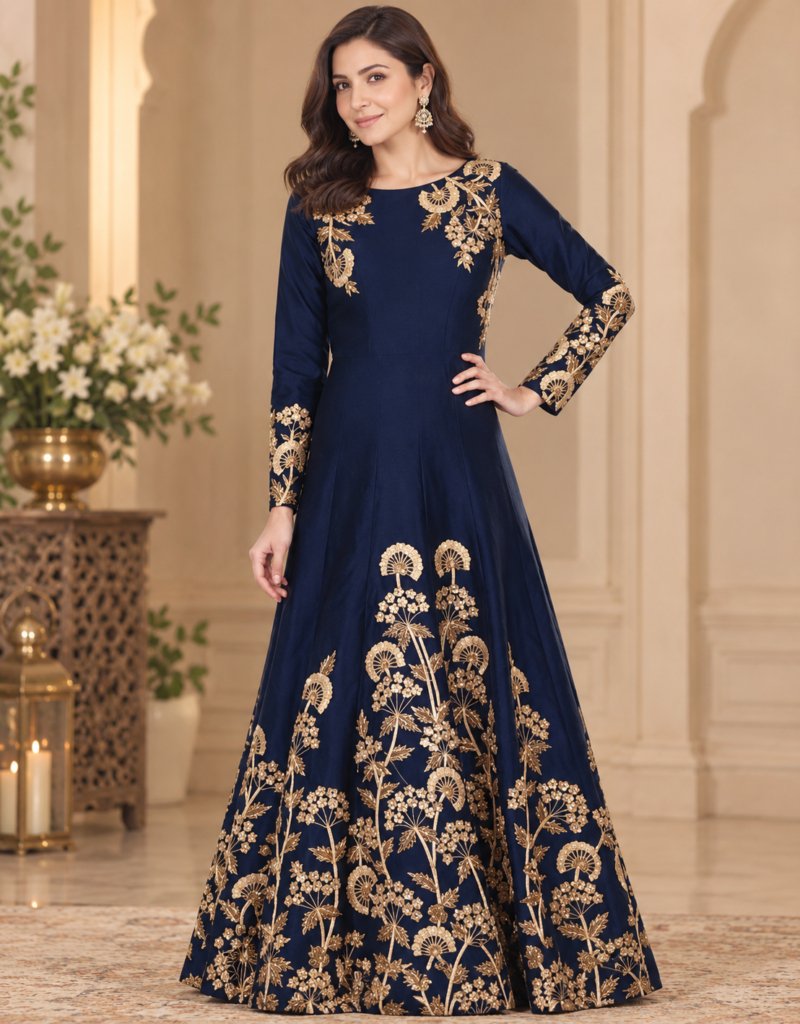 Navy Blue Art Silk Anarkali Suit