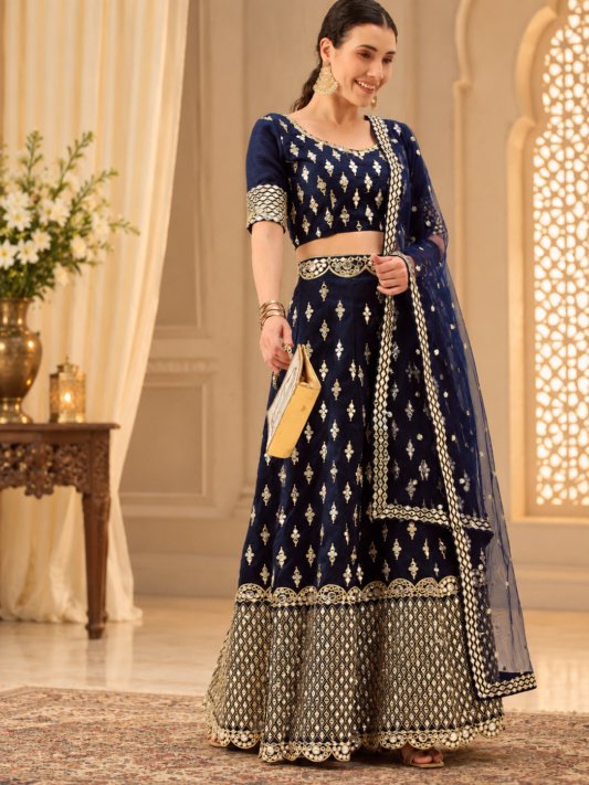 Navy Blue & Gold-Toned Embroidered Semi-Stitched Lehenga & Unstitched Blouse With Dupatta