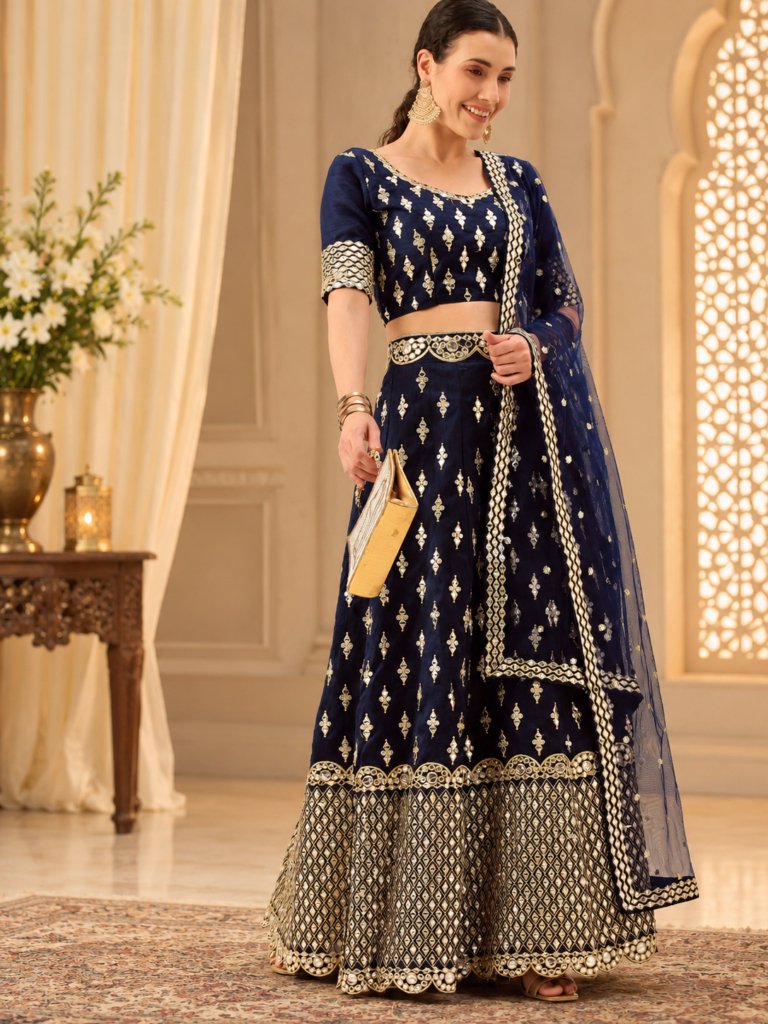 Navy Blue & Gold-Toned Embroidered Semi-Stitched Lehenga & Unstitched Blouse With Dupatta