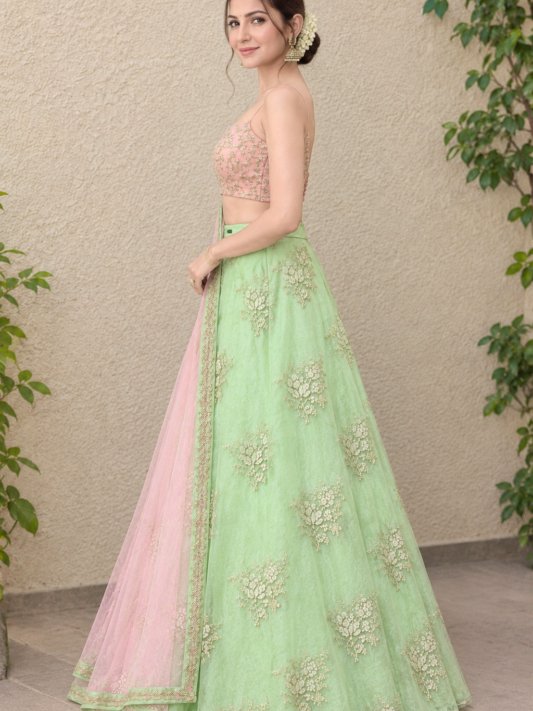 Pista Green Wedding & Party Designer Net Sequence Work Lehenga Choli