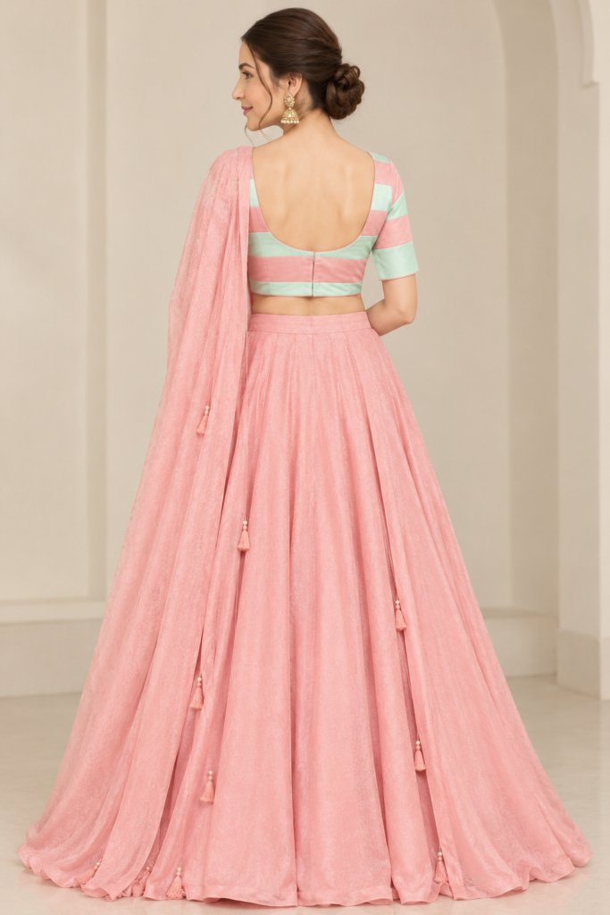 Coral Pink Embroidered Georgette Lehenga