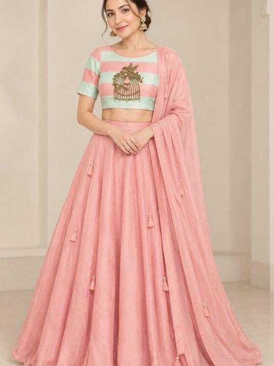 Coral Pink Embroidered Georgette Lehenga