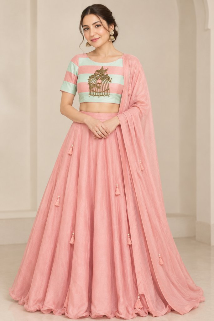 Coral Pink Embroidered Georgette Lehenga