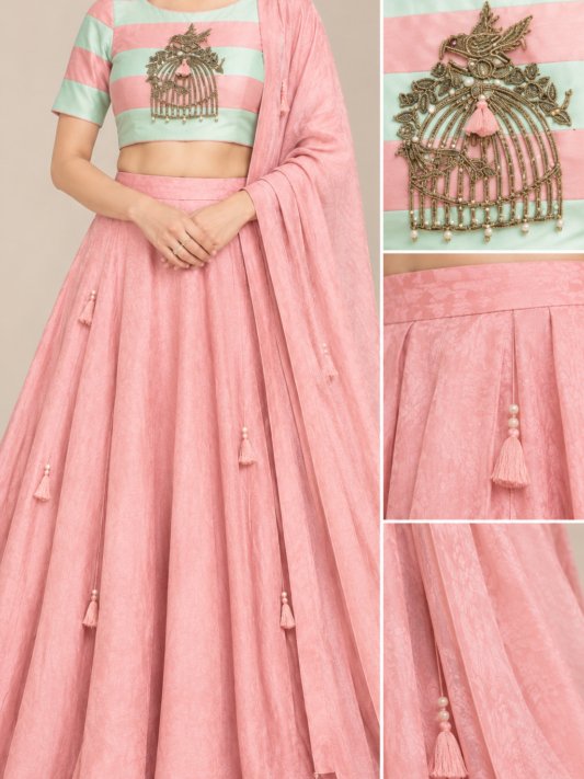 Coral Pink Embroidered Georgette Lehenga