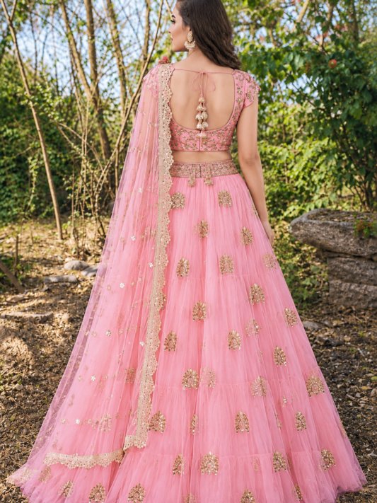 Chinnon Sequinse embroidery Semi-Stitched pink Lehenga choli & Dupatta