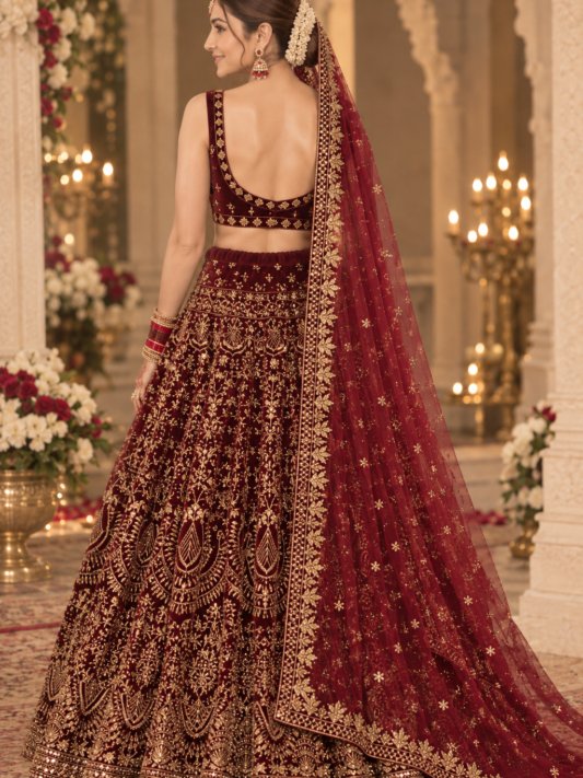 Royal Maroon Zari Velvet Bridal Lehenga Choli