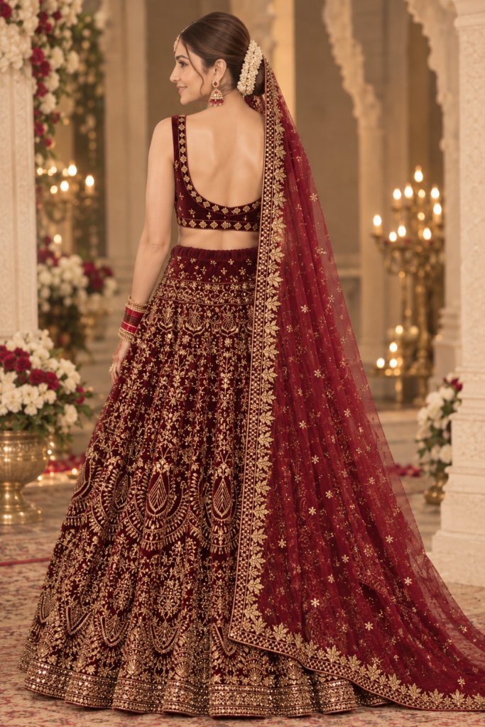 Royal Maroon Zari Velvet Bridal Lehenga Choli