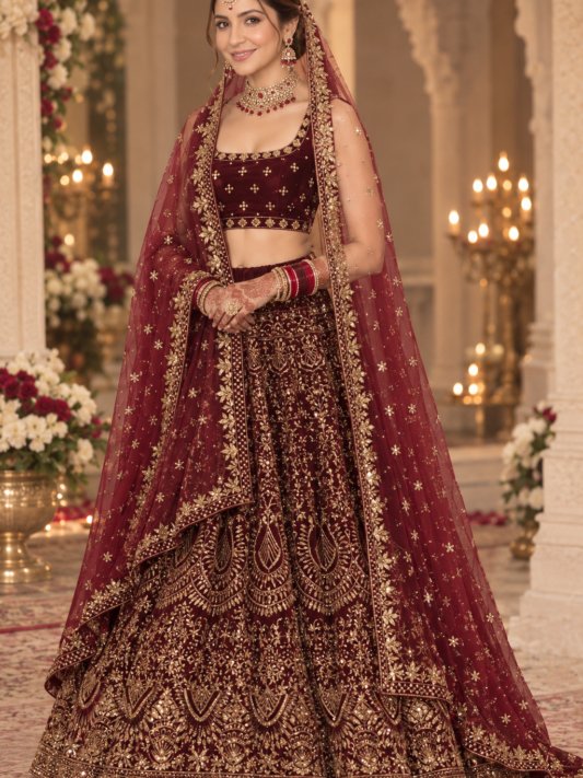 Royal Maroon Zari Velvet Bridal Lehenga Choli