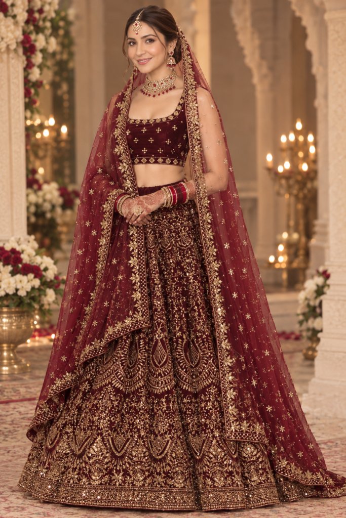 Royal Maroon Zari Velvet Bridal Lehenga Choli