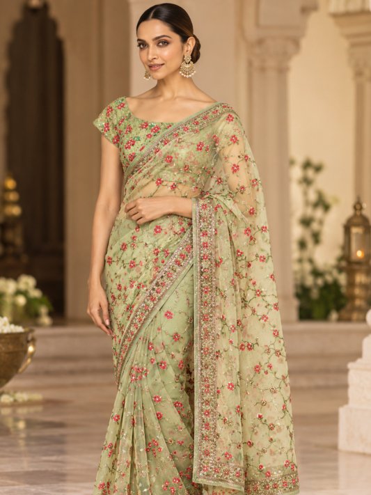 Stylish Green Star Georgette Saree with All Over Butta Embroidery and Blouse