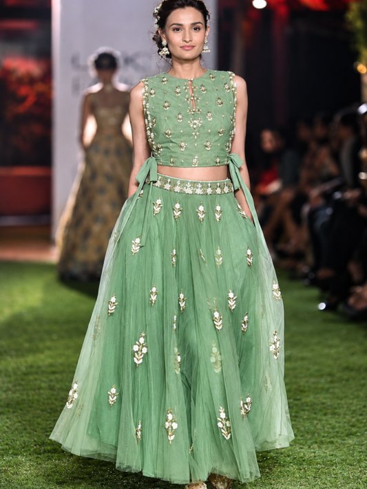 Glossy Light Green Colour Crop Top Lehenga Choli
