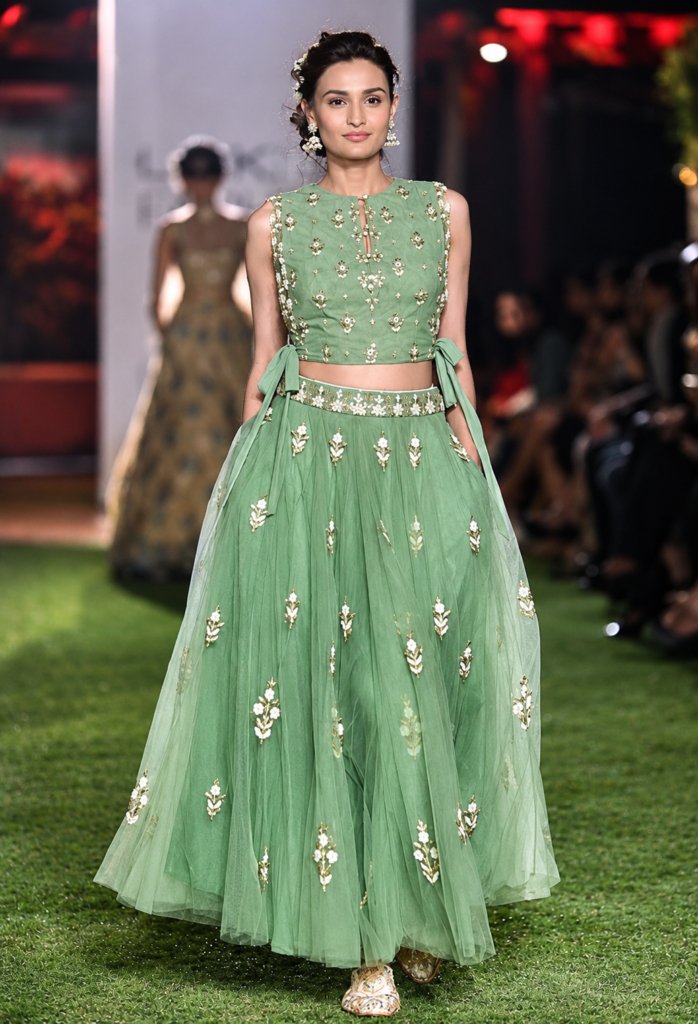 Glossy Light Green Colour Crop Top Lehenga Choli
