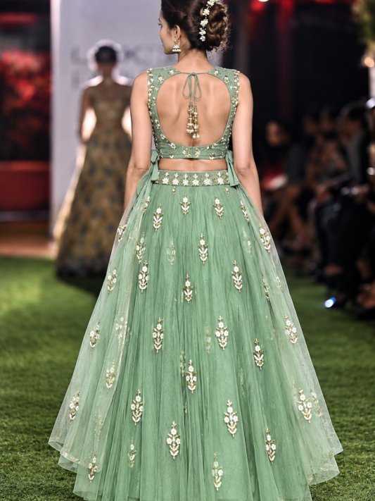 Glossy Light Green Colour Crop Top Lehenga Choli
