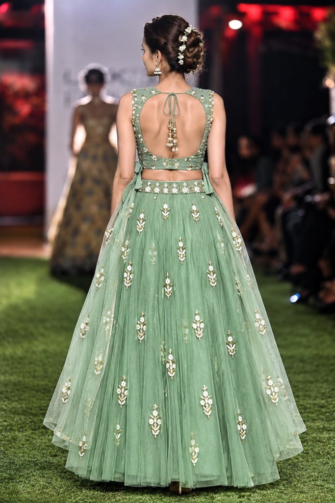 Glossy Light Green Colour Crop Top Lehenga Choli