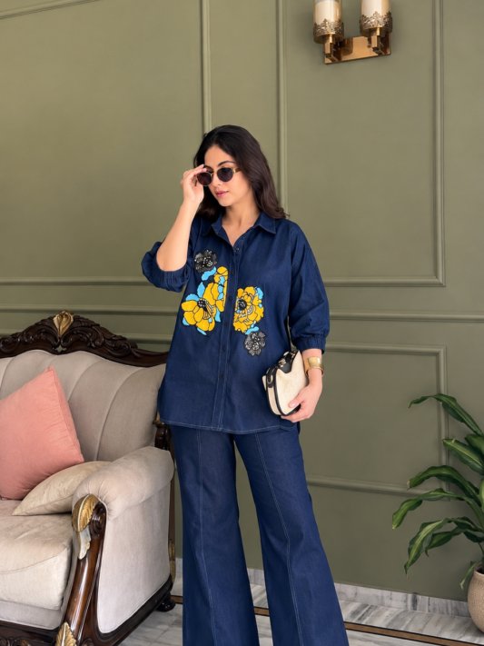 Soft Denim Co-Ord Set With Elegant Floral Embroidery