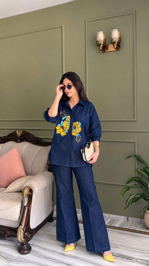 Soft Denim Co-Ord Set With Elegant Floral Embroidery