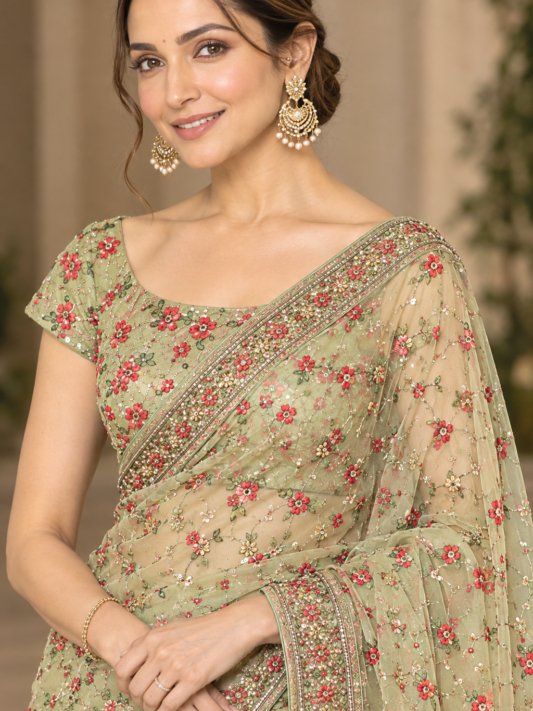 Stylish Green Star Georgette Saree with All Over Butta Embroidery and Blouse