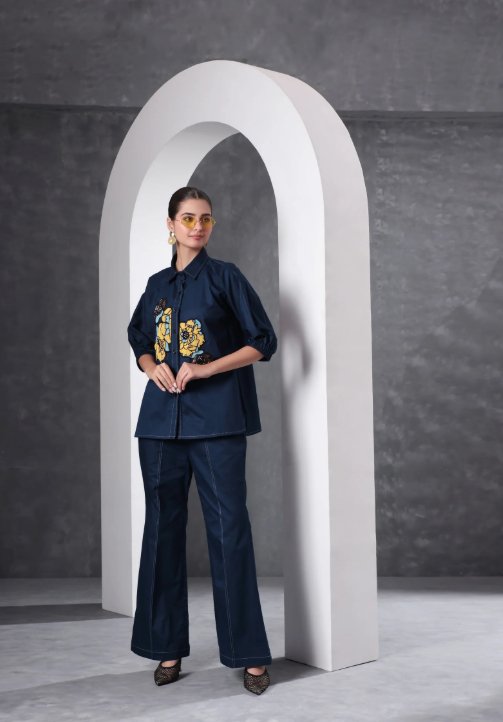 Soft Denim Co-Ord Set With Elegant Floral Embroidery