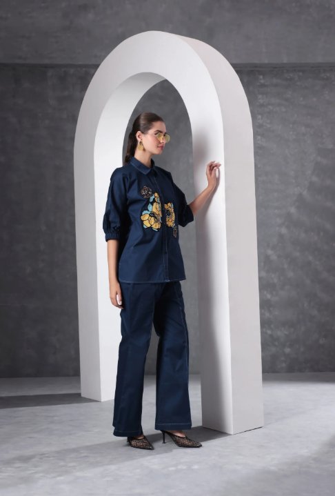 Soft Denim Co-Ord Set With Elegant Floral Embroidery