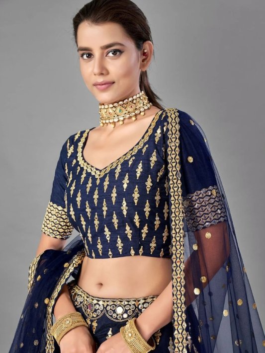 Navy Blue & Gold-Toned Embroidered Semi-Stitched Lehenga & Unstitched Blouse With Dupatta