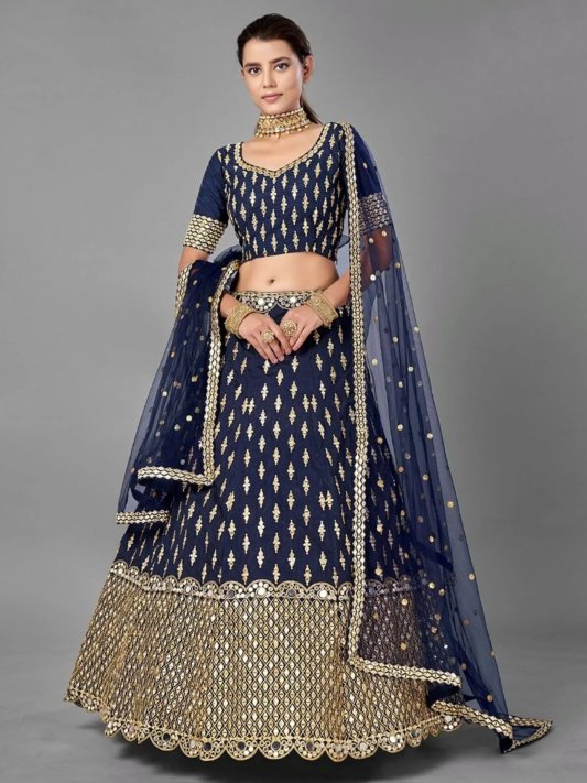 Navy Blue & Gold-Toned Embroidered Semi-Stitched Lehenga & Unstitched Blouse With Dupatta