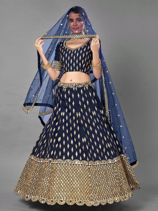 Navy Blue & Gold-Toned Embroidered Semi-Stitched Lehenga & Unstitched Blouse With Dupatta – view 8