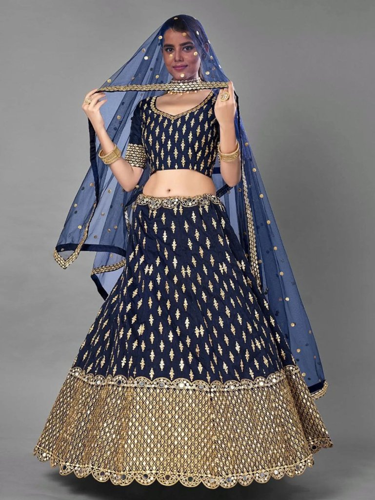 Navy Blue & Gold-Toned Embroidered Semi-Stitched Lehenga & Unstitched Blouse With Dupatta