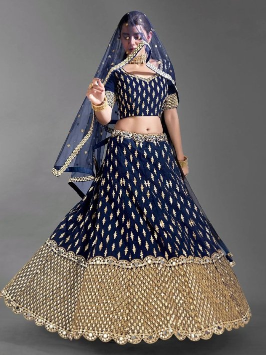 Navy Blue & Gold-Toned Embroidered Semi-Stitched Lehenga & Unstitched Blouse With Dupatta – view 6