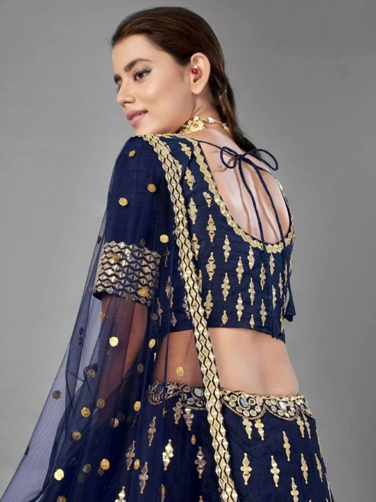Navy Blue & Gold-Toned Embroidered Semi-Stitched Lehenga & Unstitched Blouse With Dupatta