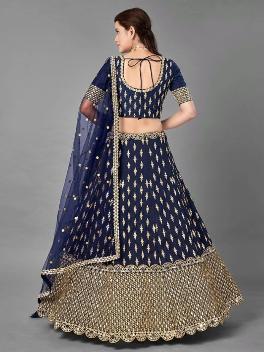 Navy Blue & Gold-Toned Embroidered Semi-Stitched Lehenga & Unstitched Blouse With Dupatta