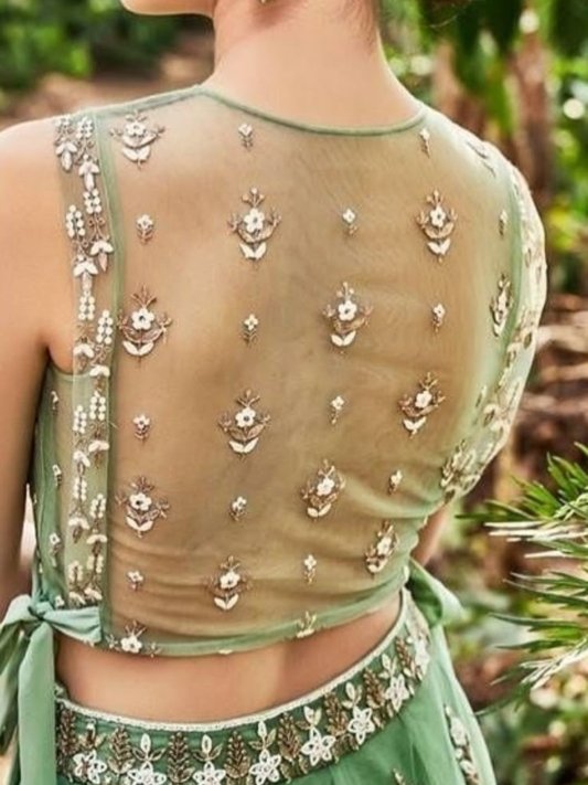 Glossy Light Green Colour Crop Top Lehenga Choli