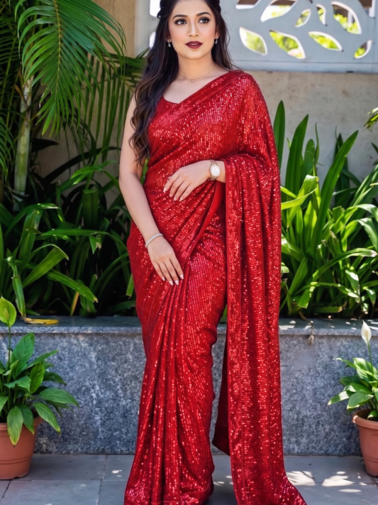 Premium Red Sequin Party Wear Saree for Women – Elegant Designer Glamour Saree
