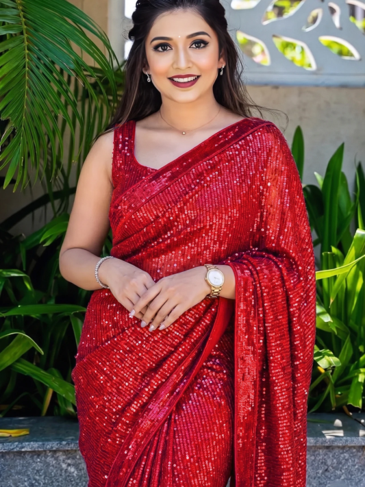 Premium Red Sequin Party Wear Saree for Women – Elegant Designer Glamour Saree