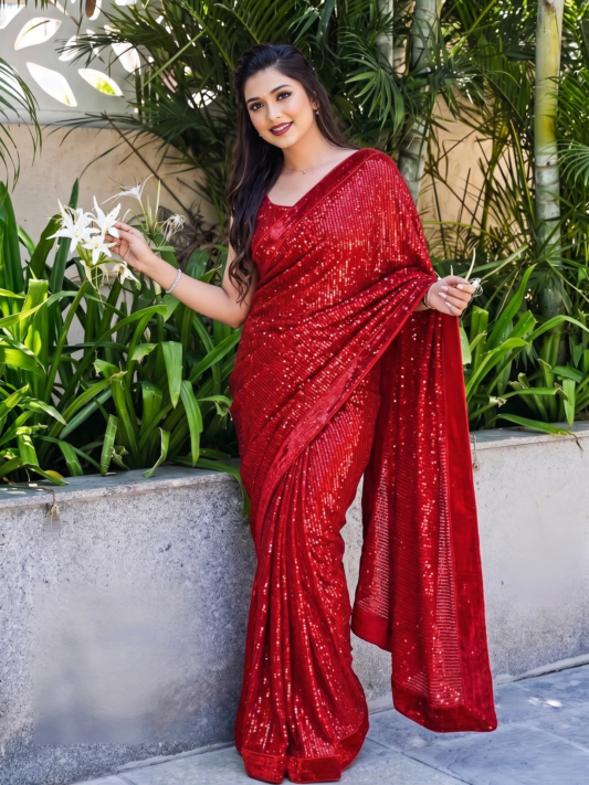 Premium Red Sequin Party Wear Saree for Women – Elegant Designer Glamour Saree