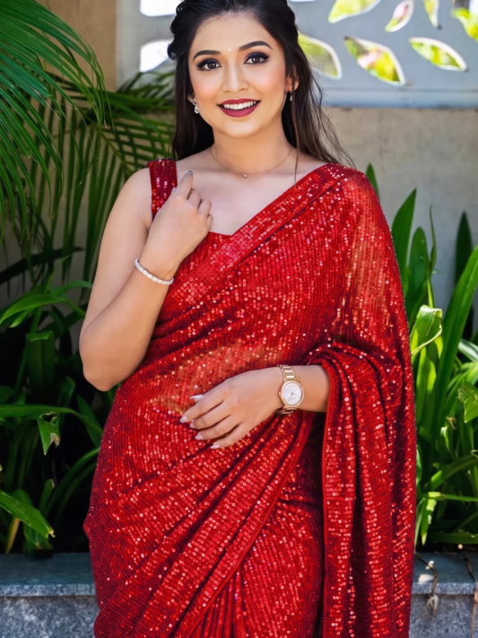Premium Red Sequin Party Wear Saree for Women – Elegant Designer Glamour Saree