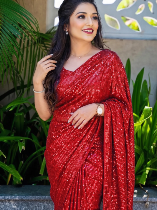 Premium Red Sequin Party Wear Saree for Women – Elegant Designer Glamour Saree