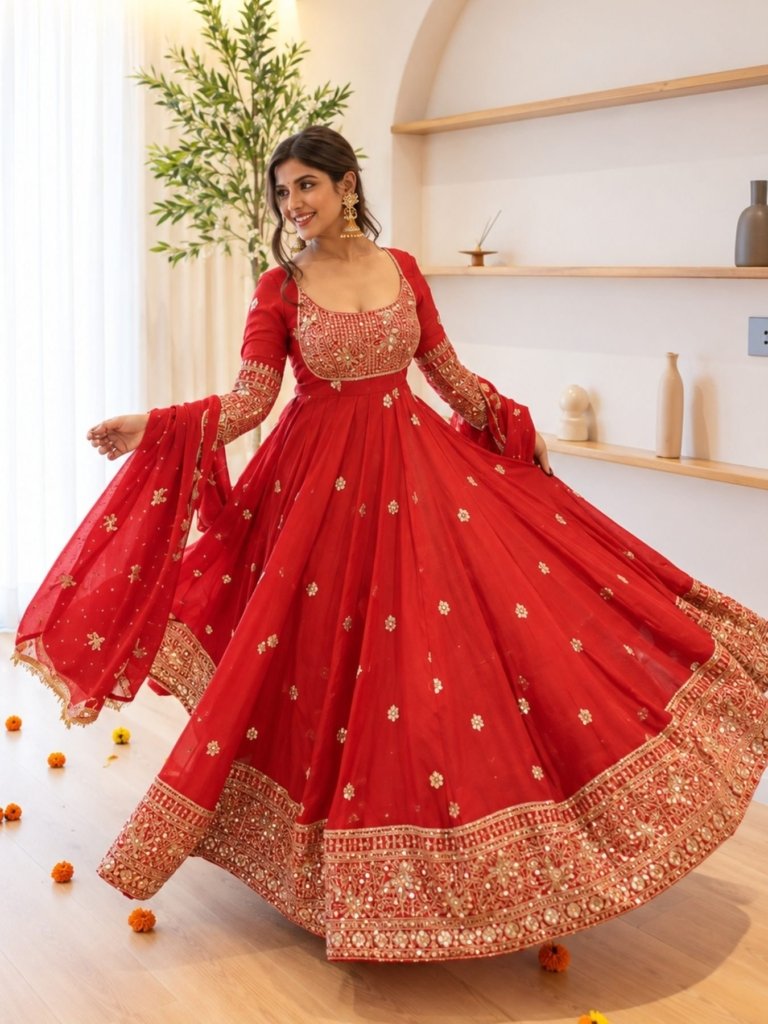 Red Georgette Anarkali Suit with Thread and Sequin Work
