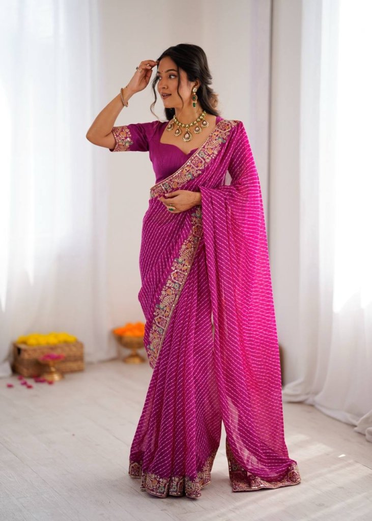 Wedding For Bandhani Embroidered Print Saree with Blouse