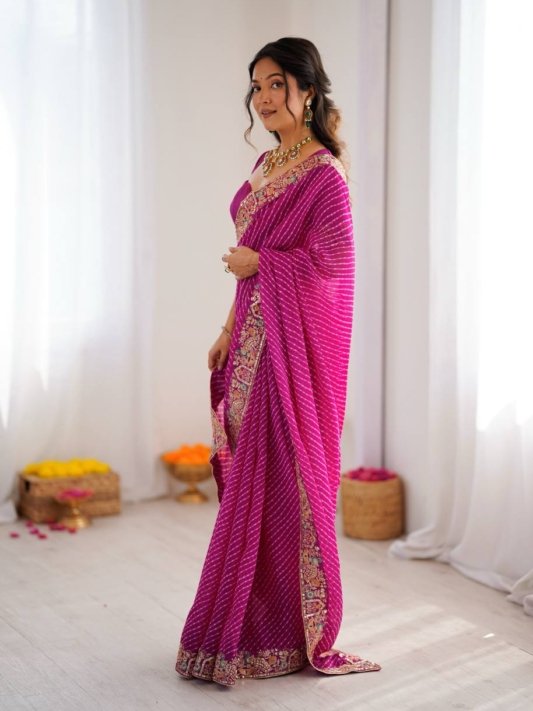 Wedding For Bandhani Embroidered Print Saree with Blouse